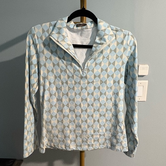 J. McLaughlin Geometric Long Sleeve Top - Light Blue and White‎ - Picture 1 of 4